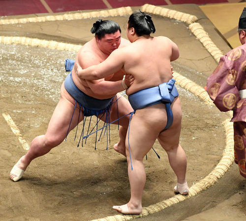 翔猿（手前）を押し出しで破る正代（撮影・滝沢徹郎）　