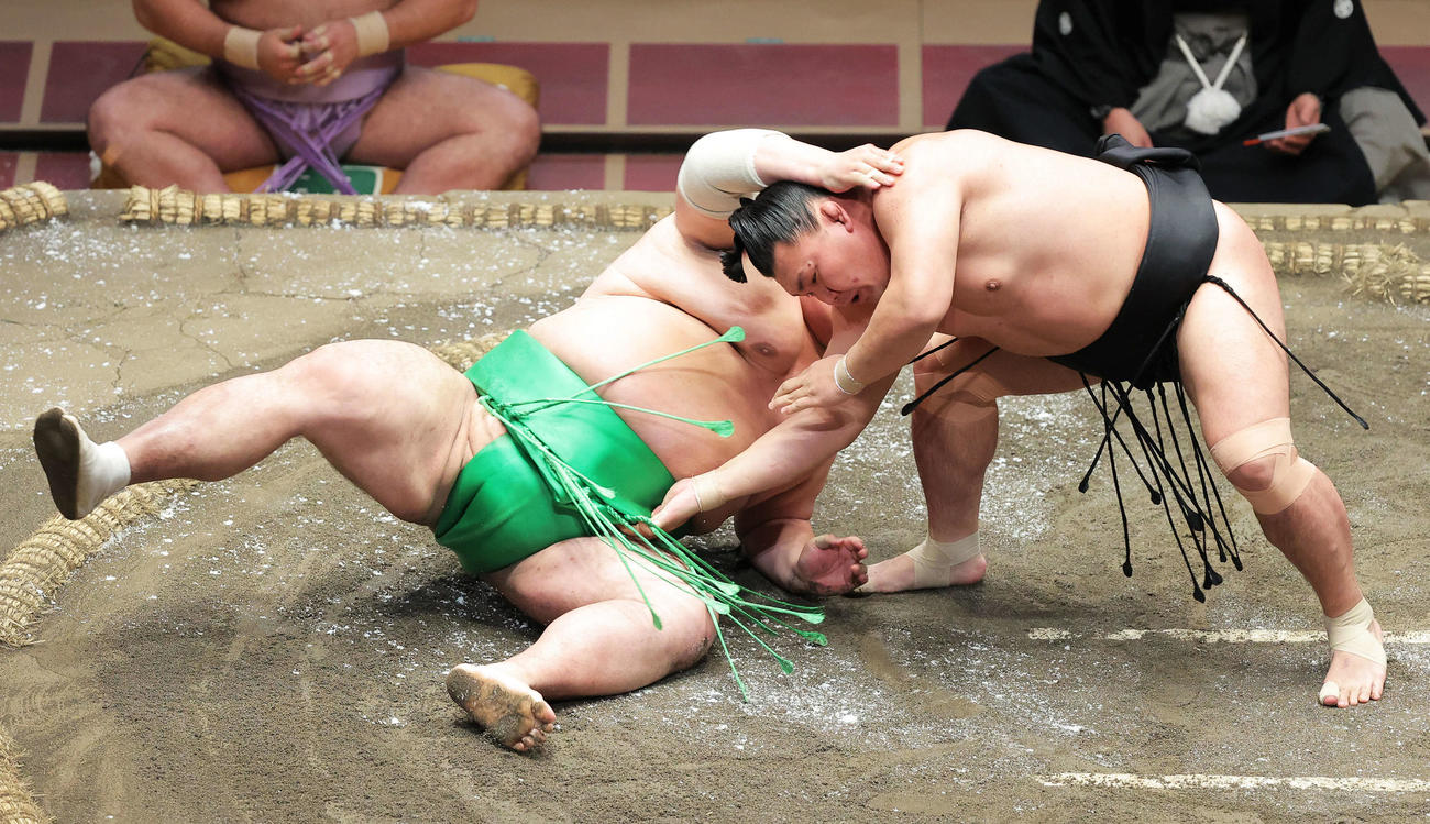 千代丸（左）を下手ひねりで破る照強（撮影・河田真司）