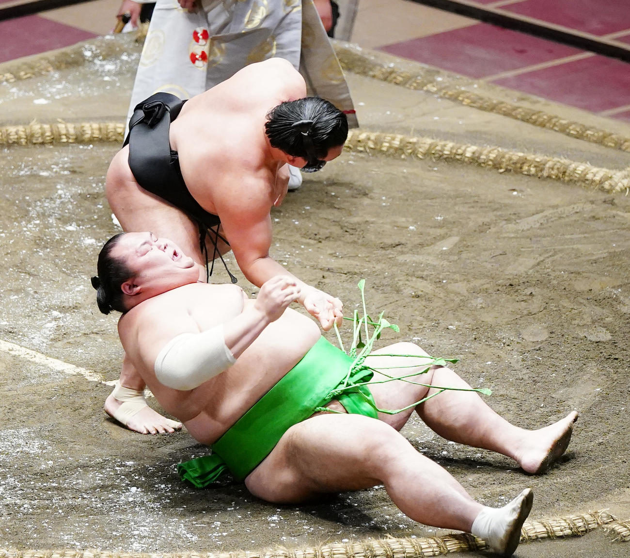 千代丸（下）を下手ひねりで破る照強（撮影・菅敏）
