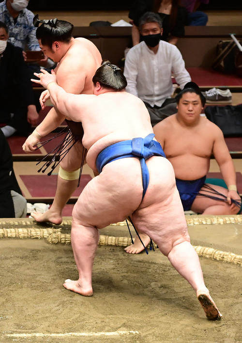 逸ノ城（右）は遠藤を押し出しで破る（撮影・小沢裕）