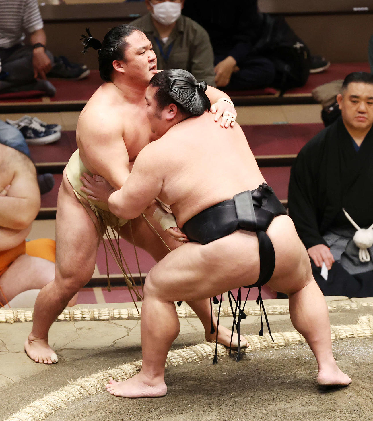 石浦（左）を寄り切りで破る千代ノ皇（撮影・鈴木正人）