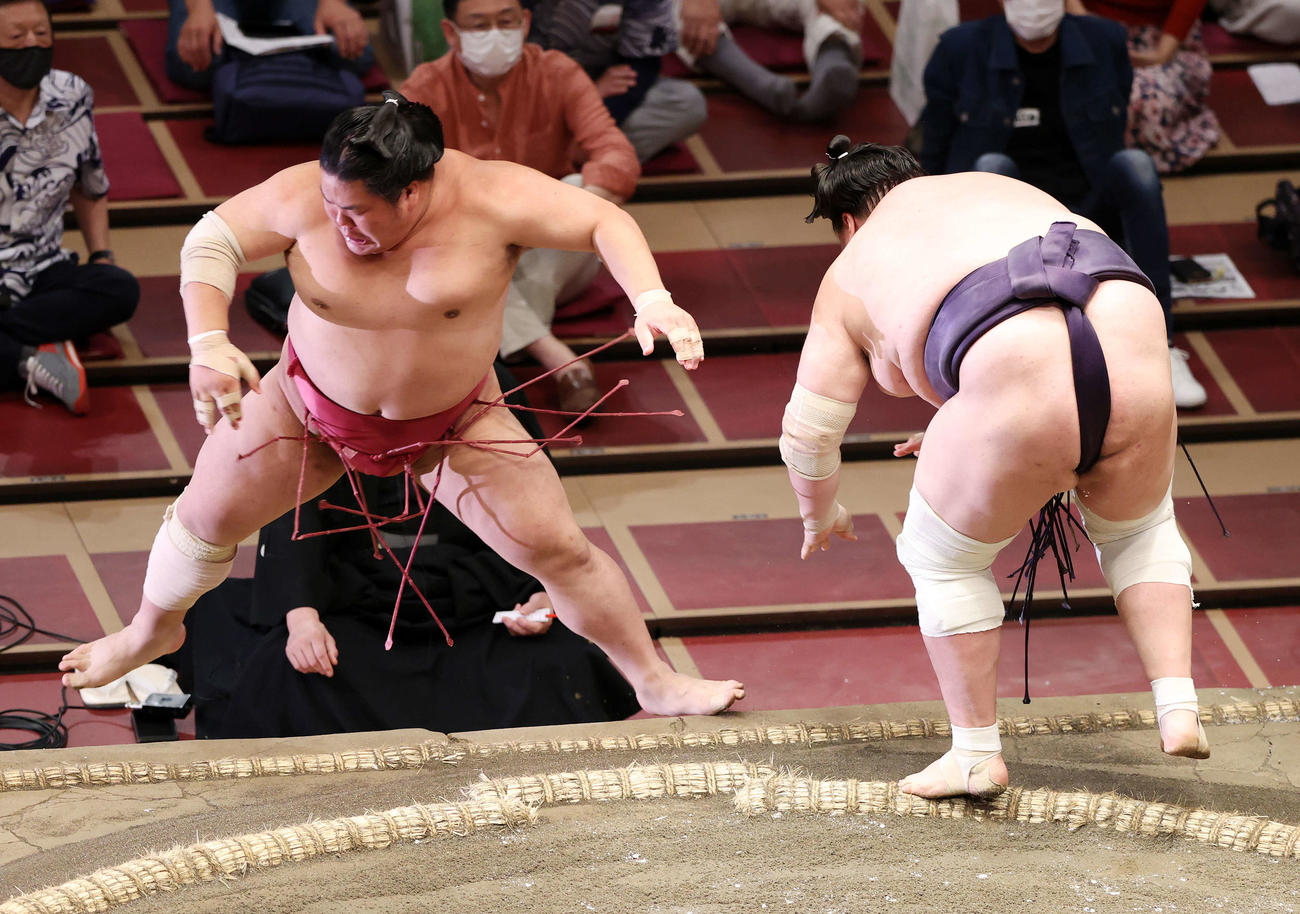大栄翔（左）を押し出しで破る照ノ富士（撮影・鈴木正人）