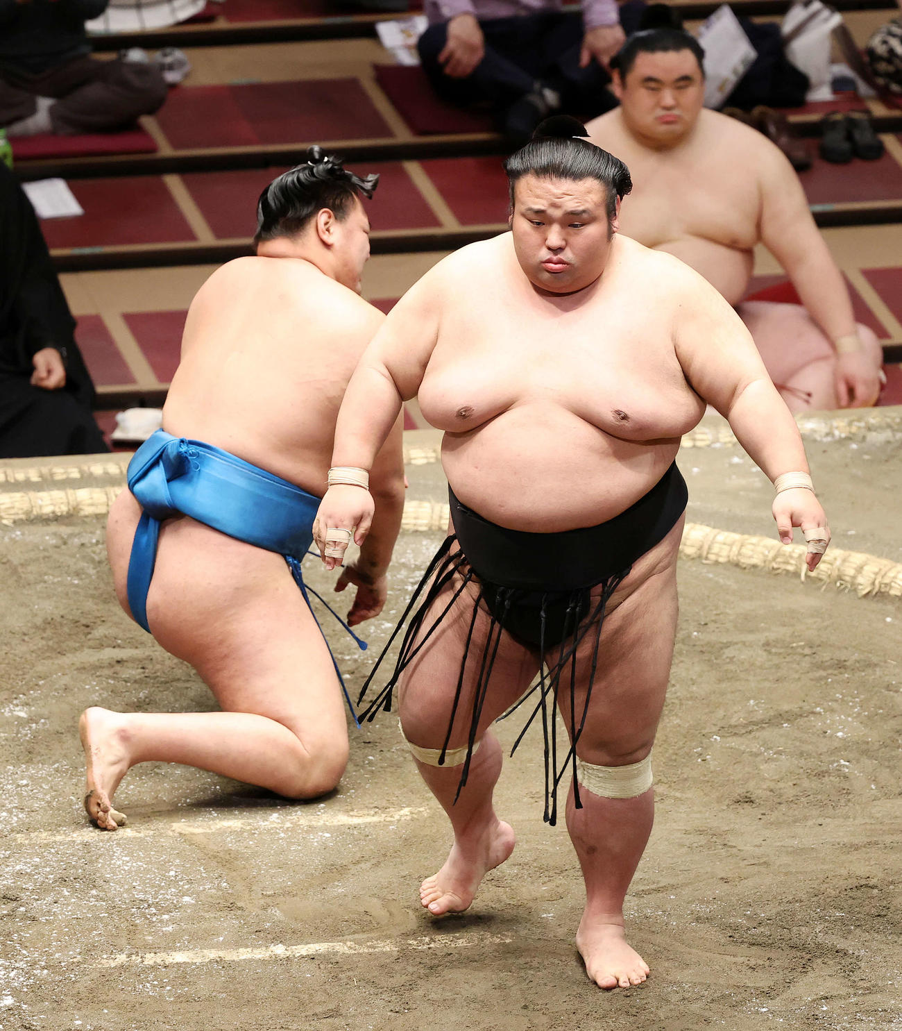 豊昇龍（左）をはたき込みで破った貴景勝（撮影・鈴木正人）