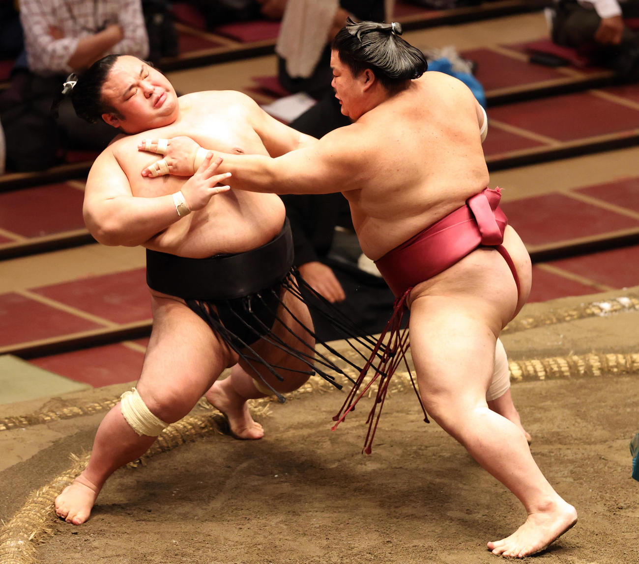 貴景勝（左）を押し出しで破る大栄翔（撮影・狩俣裕三）