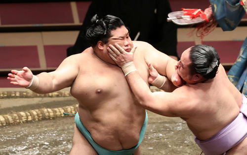 琴恵光（右）の攻めを耐える天空海（撮影・鈴木正人）