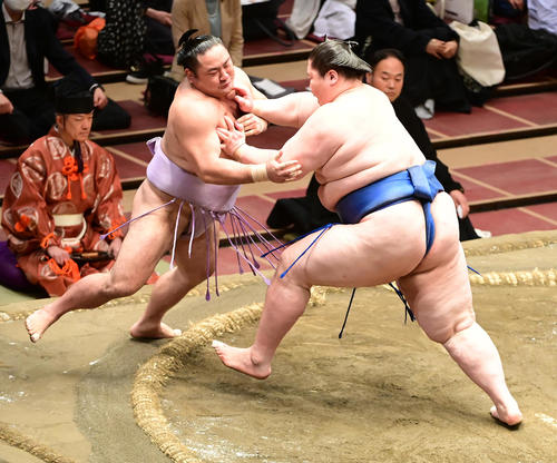 逸ノ城（右）は琴恵光を押し出しで破る（撮影・小沢裕）