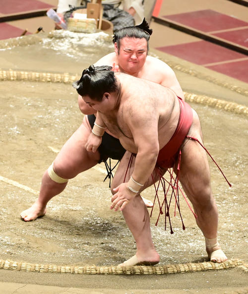 貴景勝は高安（手前）を送り出しで破る（撮影・小沢裕）