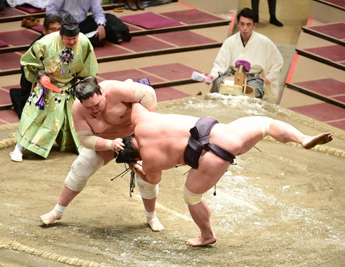 照ノ富士は妙義龍（右）のまげをつかんだとして反則負けとなる（撮影・小沢裕）