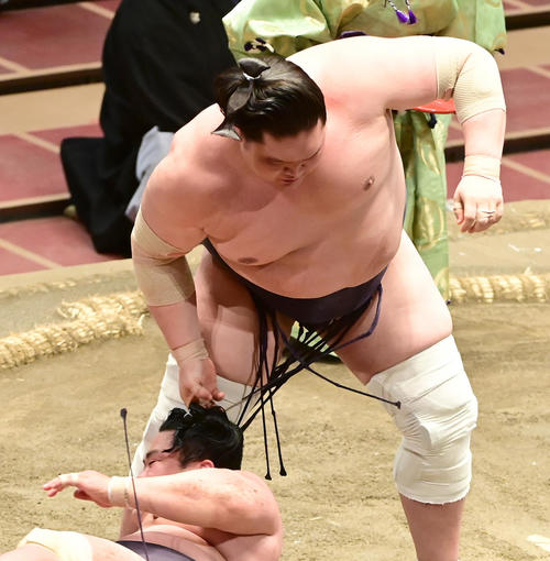 照ノ富士は妙義龍（下）のまげをつかんだとして反則負けとなる（撮影・小沢裕）