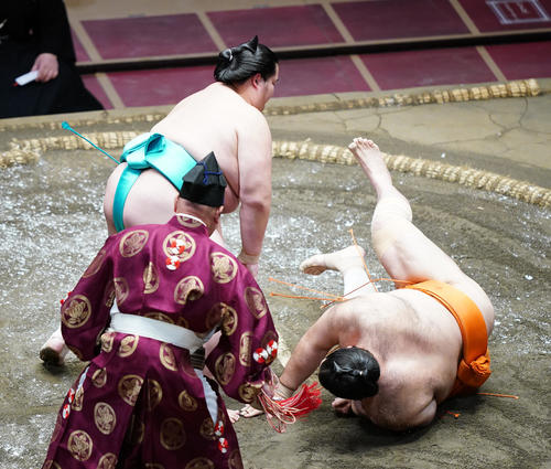 魁聖（右）を上手出し投げで破る琴ノ若（撮影・菅敏）