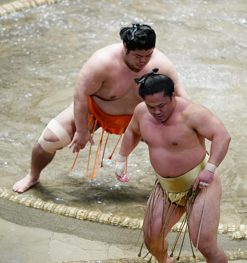 石浦（右）を押し出しで破る志摩ノ海（撮影・菅敏）