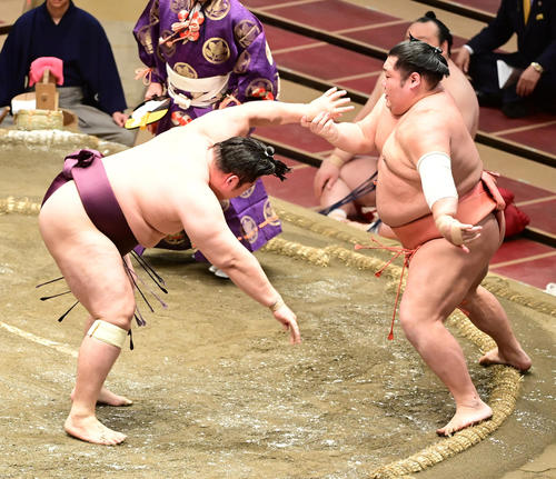 遠藤（左）は押し出しで千代大龍を破る（撮影・小沢裕）
