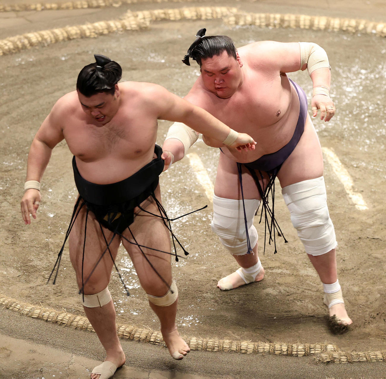 霧馬山（左）を寄り切りで破る照ノ富士（撮影・鈴木正人）