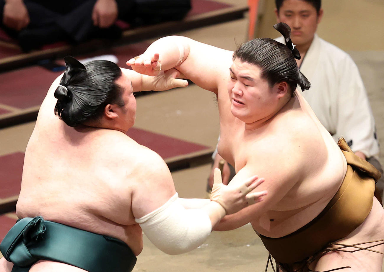 豊山（左）と攻め合う王鵬（撮影・鈴木正人）