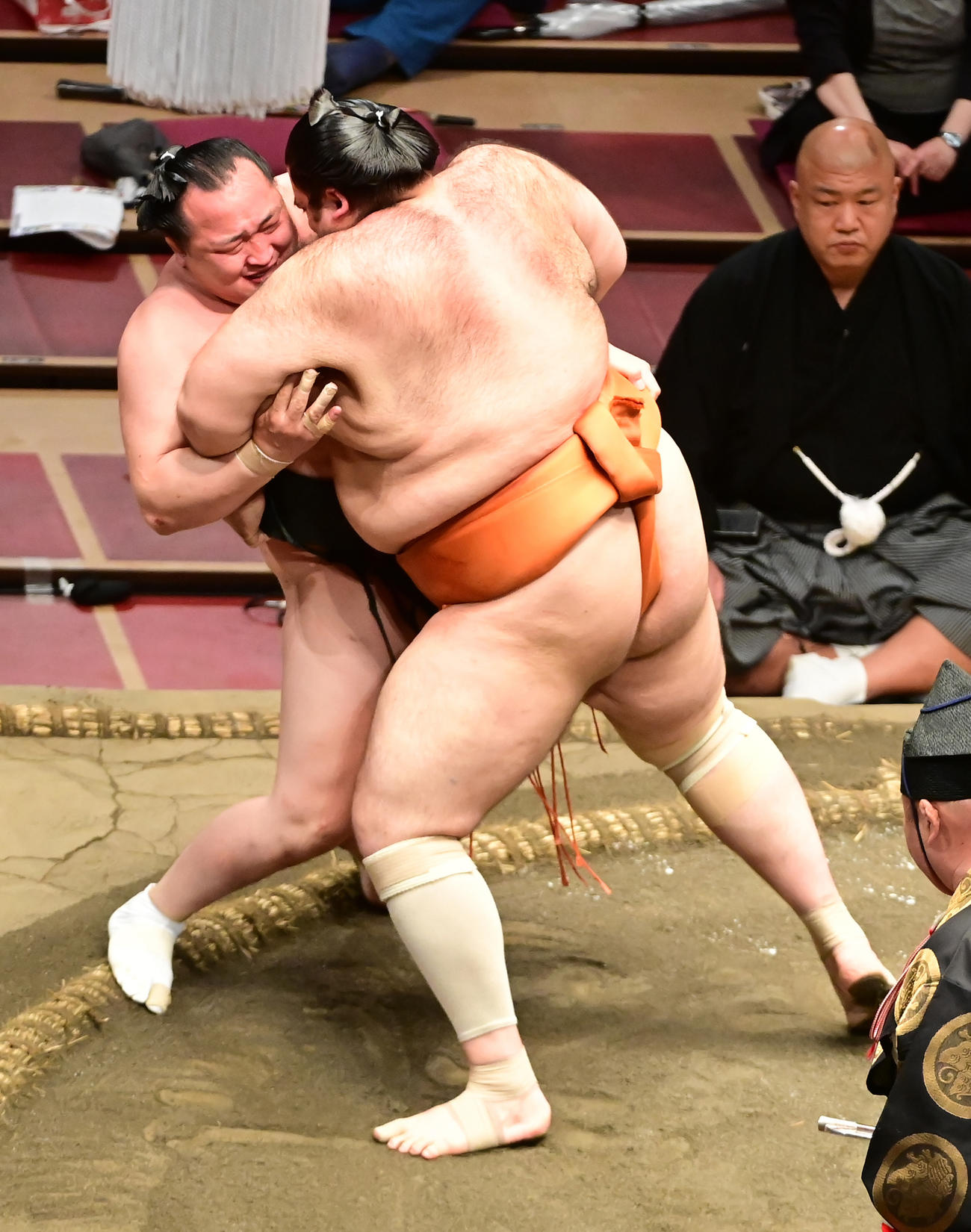 魁聖（右）は寄り切りで千代翔馬を破る（撮影・小沢裕）