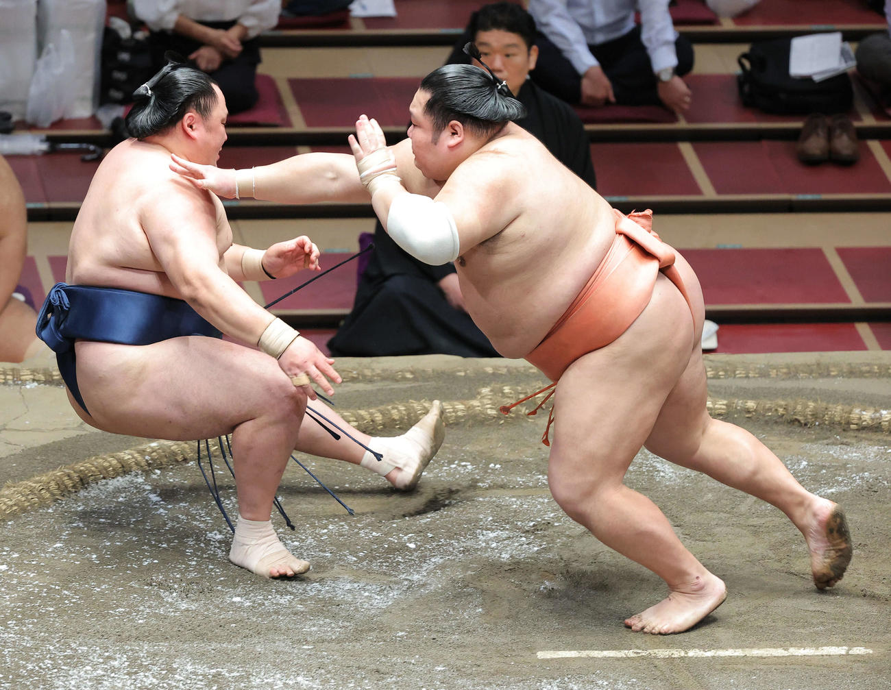 玉鷲（左）を突き倒しで破る千代大龍（撮影・河田真司）