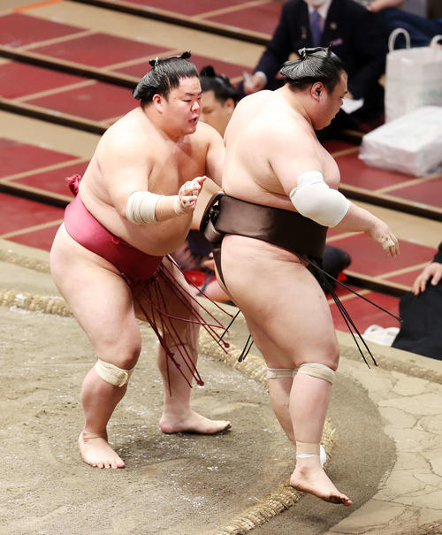 英乃海(右)を押し出しで破る大栄翔(撮影・鈴木正人)