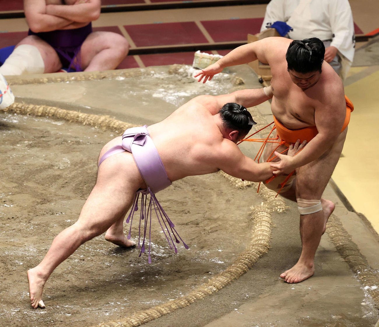 志摩ノ海（右）を押し出しで破る琴恵光（撮影・鈴木正人）