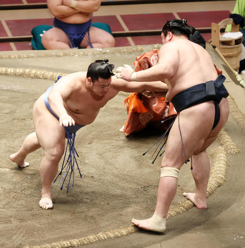輝（右）を押し出しで破る翔猿（撮影・鈴木正人）