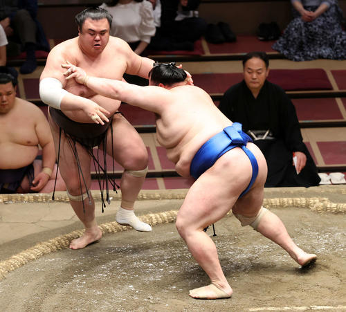 英乃海（左）を押し出しで破る北勝富士（撮影・鈴木正人）