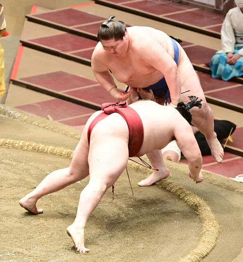 逸ノ城は隆の勝（手前）をはたき込みで破る（撮影・小沢裕）