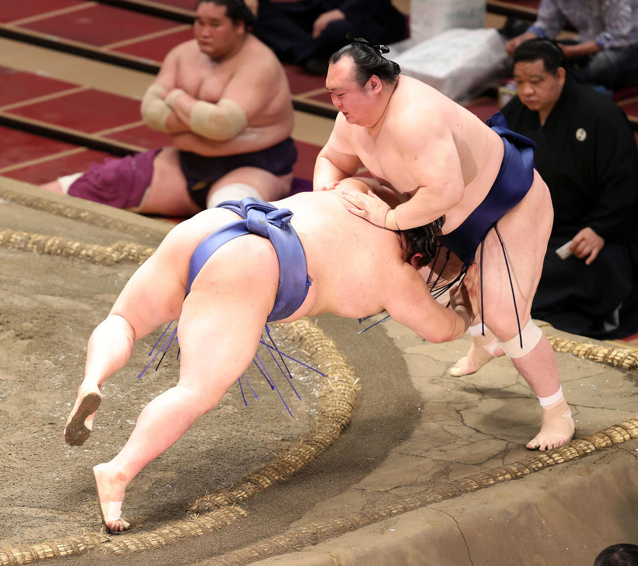 宝富士（右）を寄り切りで破る正代（撮影・鈴木正人）