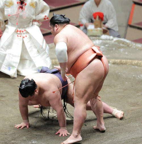 阿武咲(左)をはたき込みで破る千代大龍(撮影・河田真司)