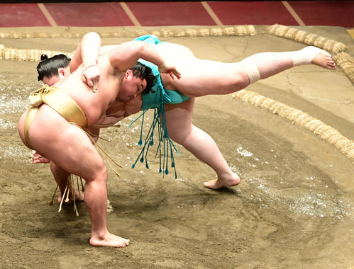 石浦(左)は下手ひねりで琴ノ若を破る(撮影・小沢裕)