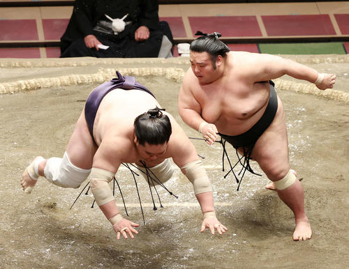 照ノ富士(左)を突き落としで破る貴景勝(撮影・鈴木正人)