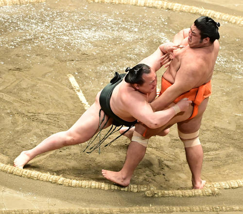 千代翔馬(左)は志摩ノ海を寄り切りで破る(撮影・小沢裕)