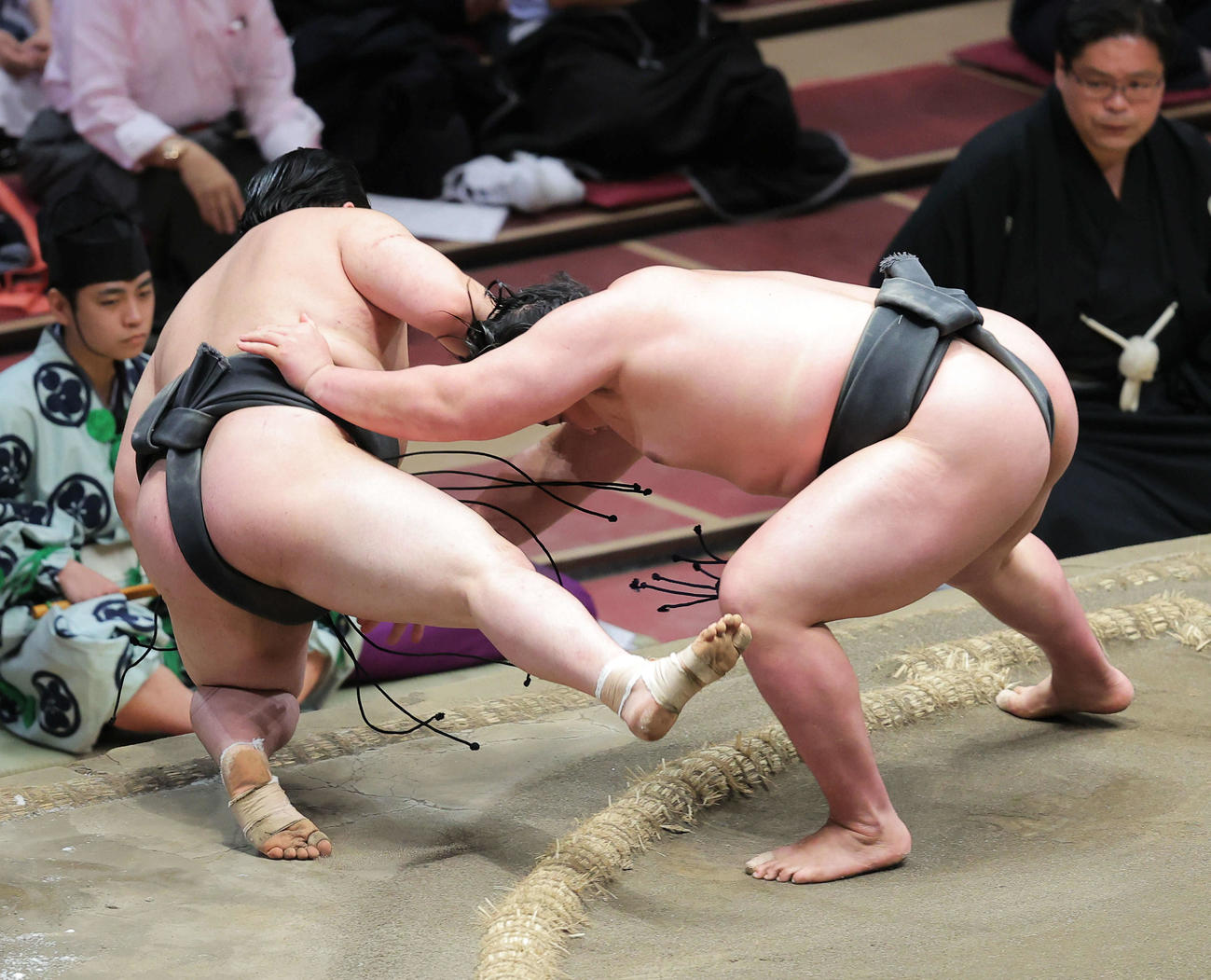 序ノ口優勝決定戦で勝呂（左）を押し倒しで破る藤青雲（撮影・河田真司）