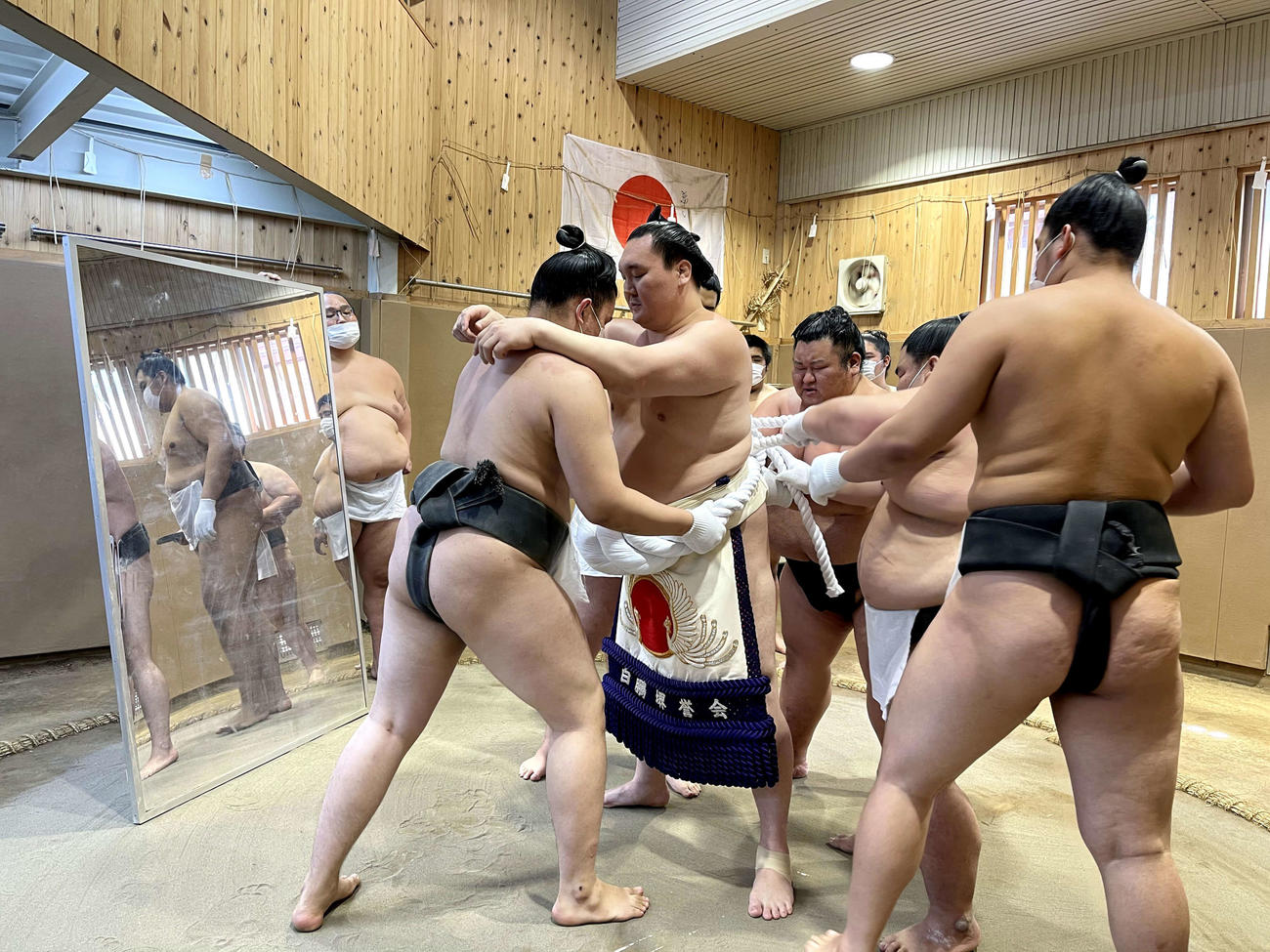 新調された綱を締める白鵬