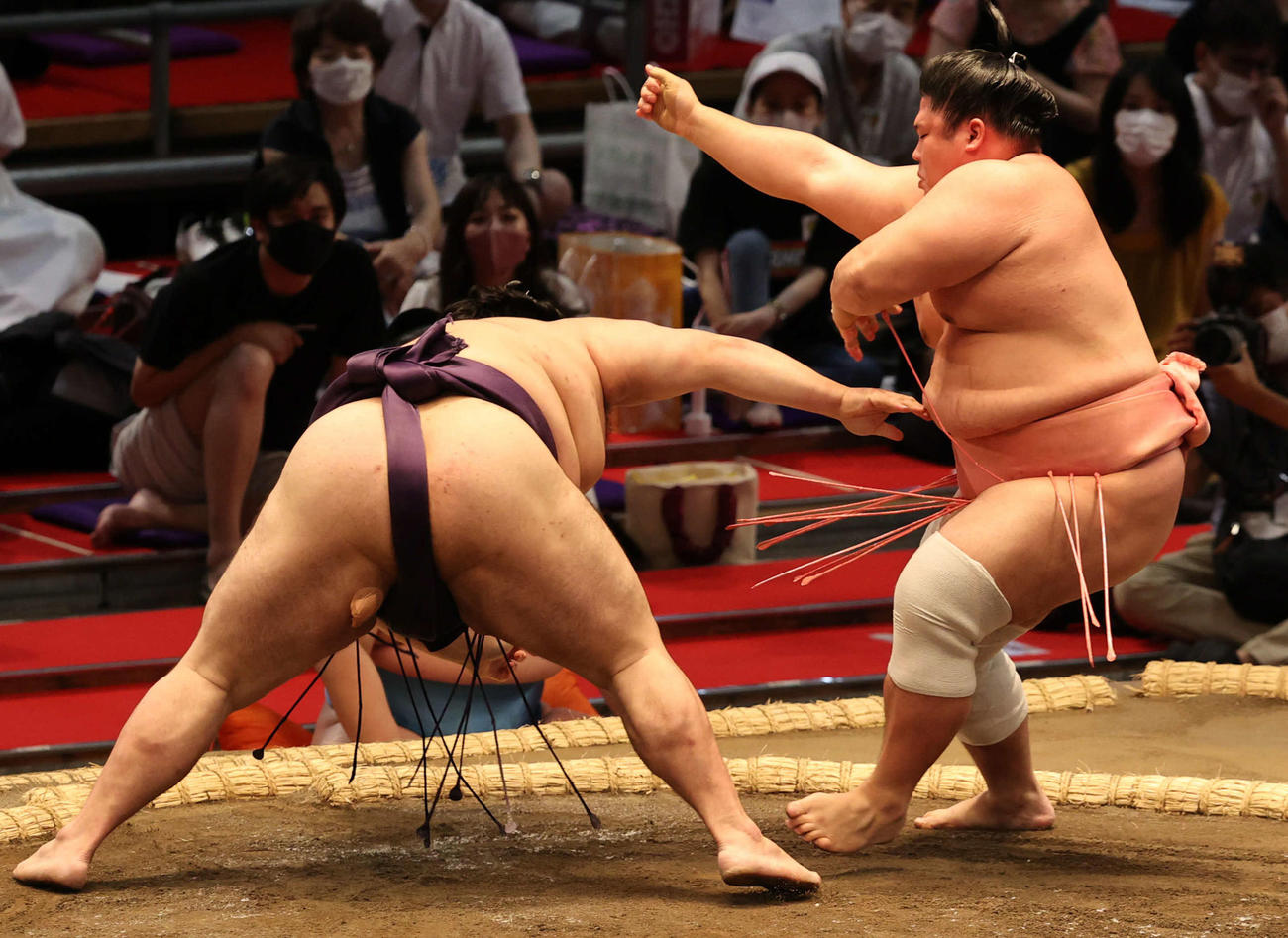 大奄美を突き落としで破った宇良（右）（撮影・渦原淳）
