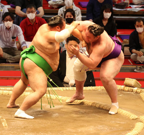 千代丸(左)が栃ノ心を押し出す(撮影・渦原淳)