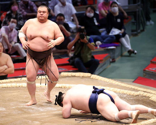宝富士(右)を引き落としで破った英乃海(撮影・鈴木正人)
