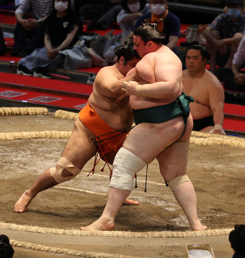 碧山を　押し出す志摩ノ海（左）（撮影・渦原淳）