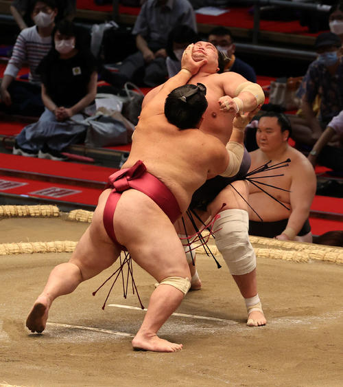 大栄翔に攻め込まれる照ノ富士（撮影・渦原淳）