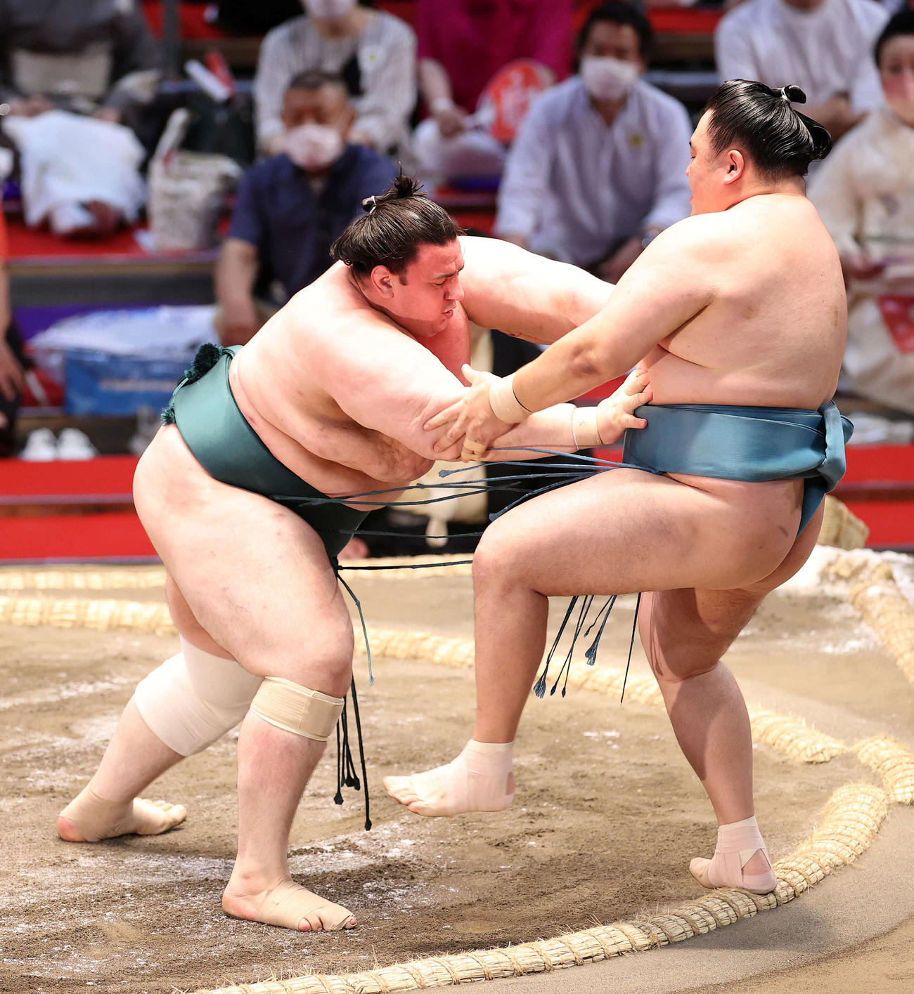 玉鷲（右）を押し出しで破る碧山（撮影・鈴木正人）