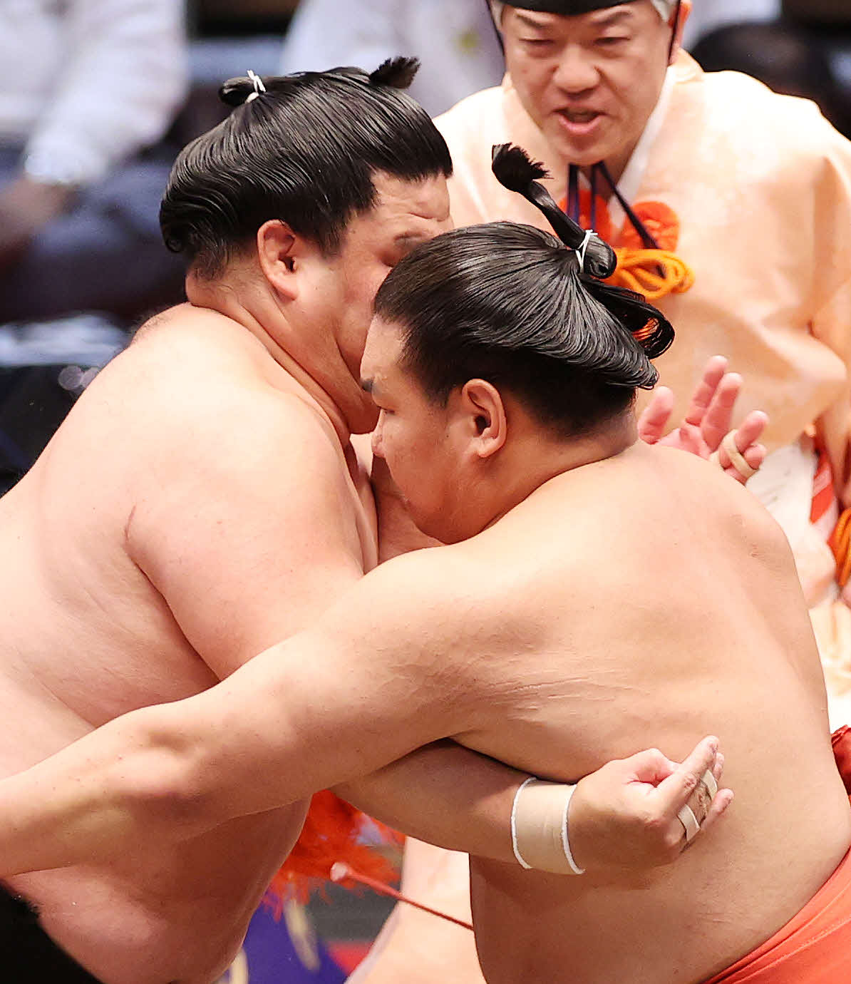 妙義龍（左）と攻め合う豊昇龍（撮影・鈴木正人）