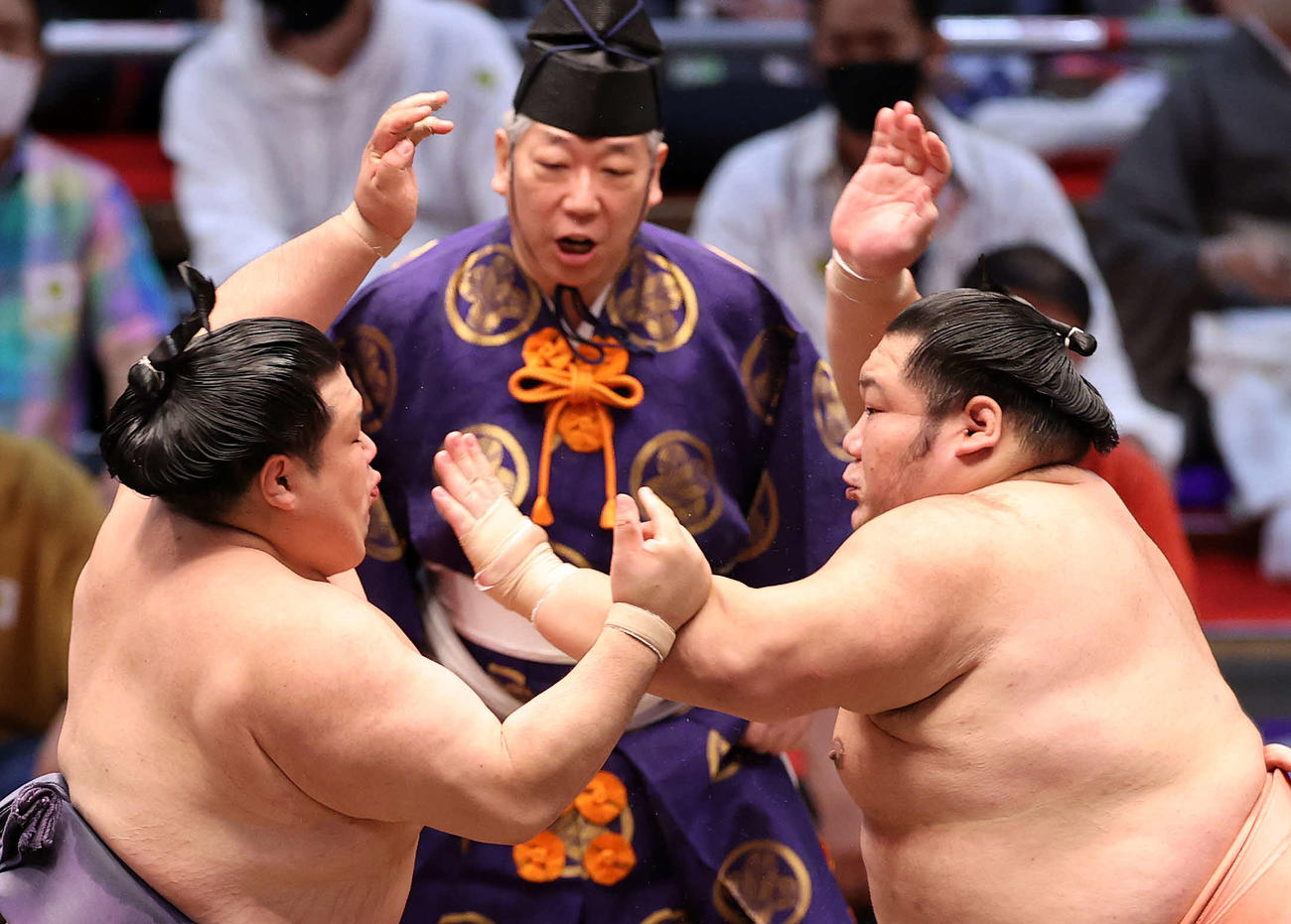 千代大龍（右）と攻め合う阿武咲（撮影・鈴木正人）