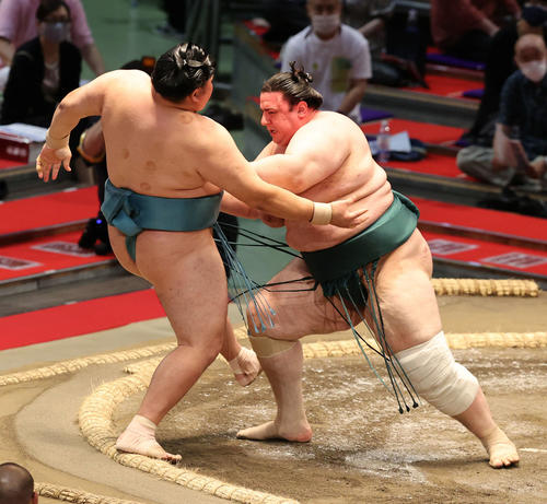 英乃海（右）は突き落としで千代翔馬を破る（撮影・渦原淳）