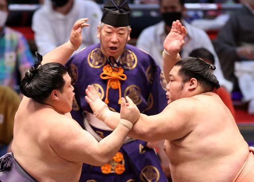 千代大龍（右）と攻め合う阿武咲（撮影・鈴木正人）