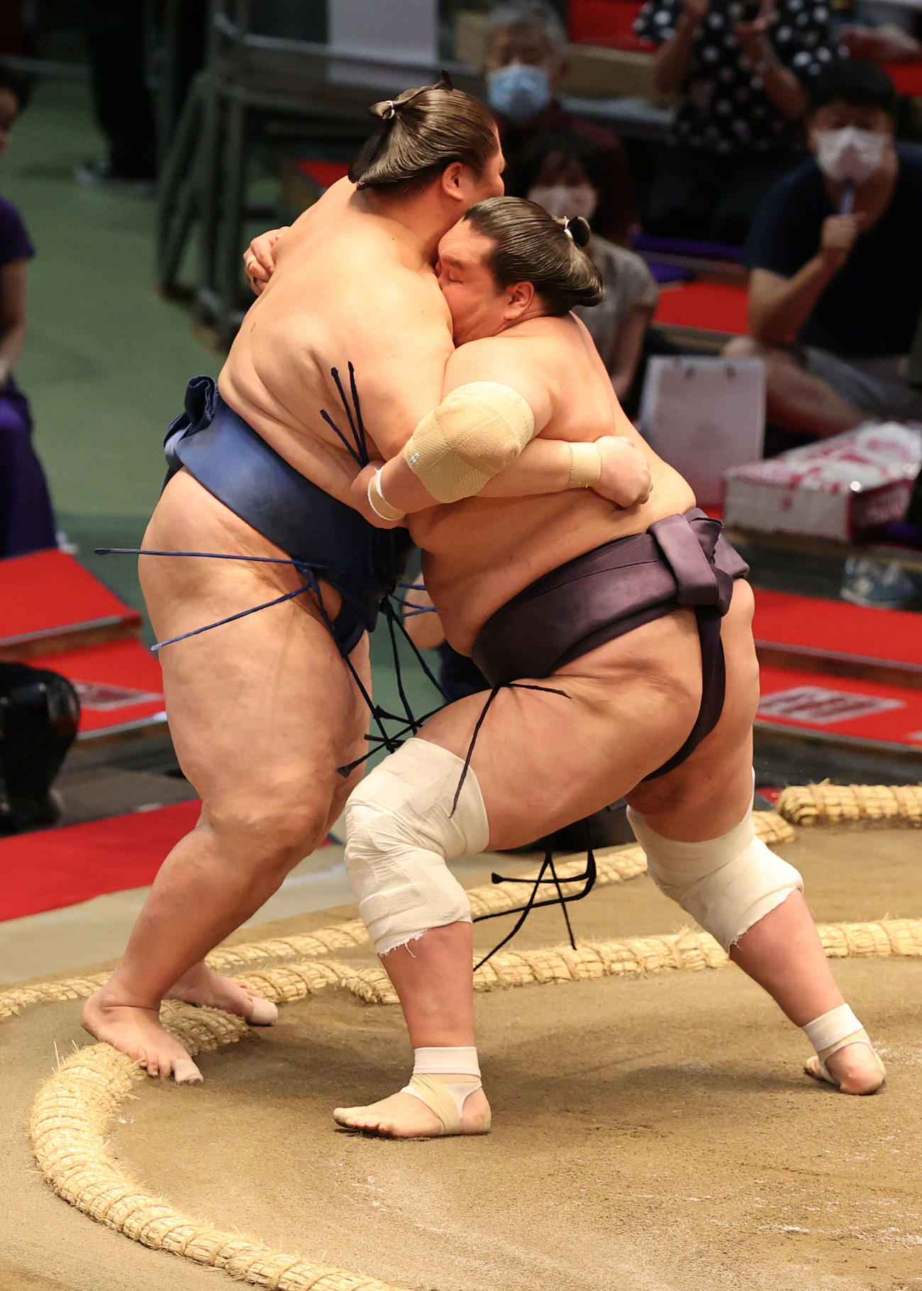 逸ノ城（左）を寄り切る照ノ富士（撮影・渦原淳）