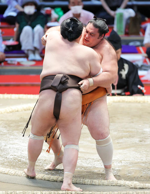 英乃海（手前）を寄り切りで破る魁聖（撮影・河田真司）
