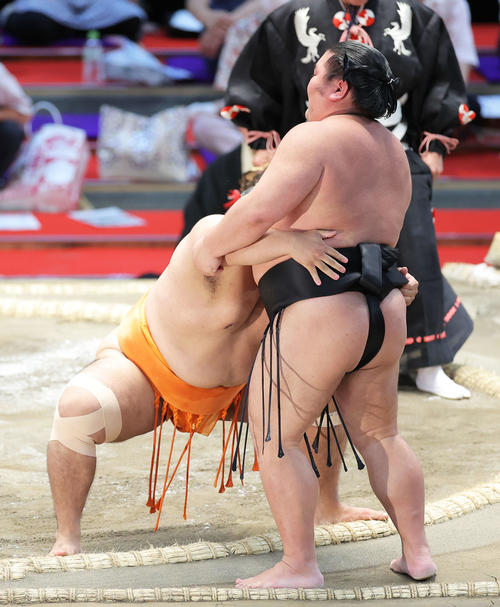 千代ノ皇（右）を寄り切りで破る志摩ノ海（撮影・河田真司）