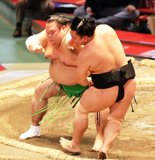 千代丸(左)が照強を押し出す(撮影・渦原淳)