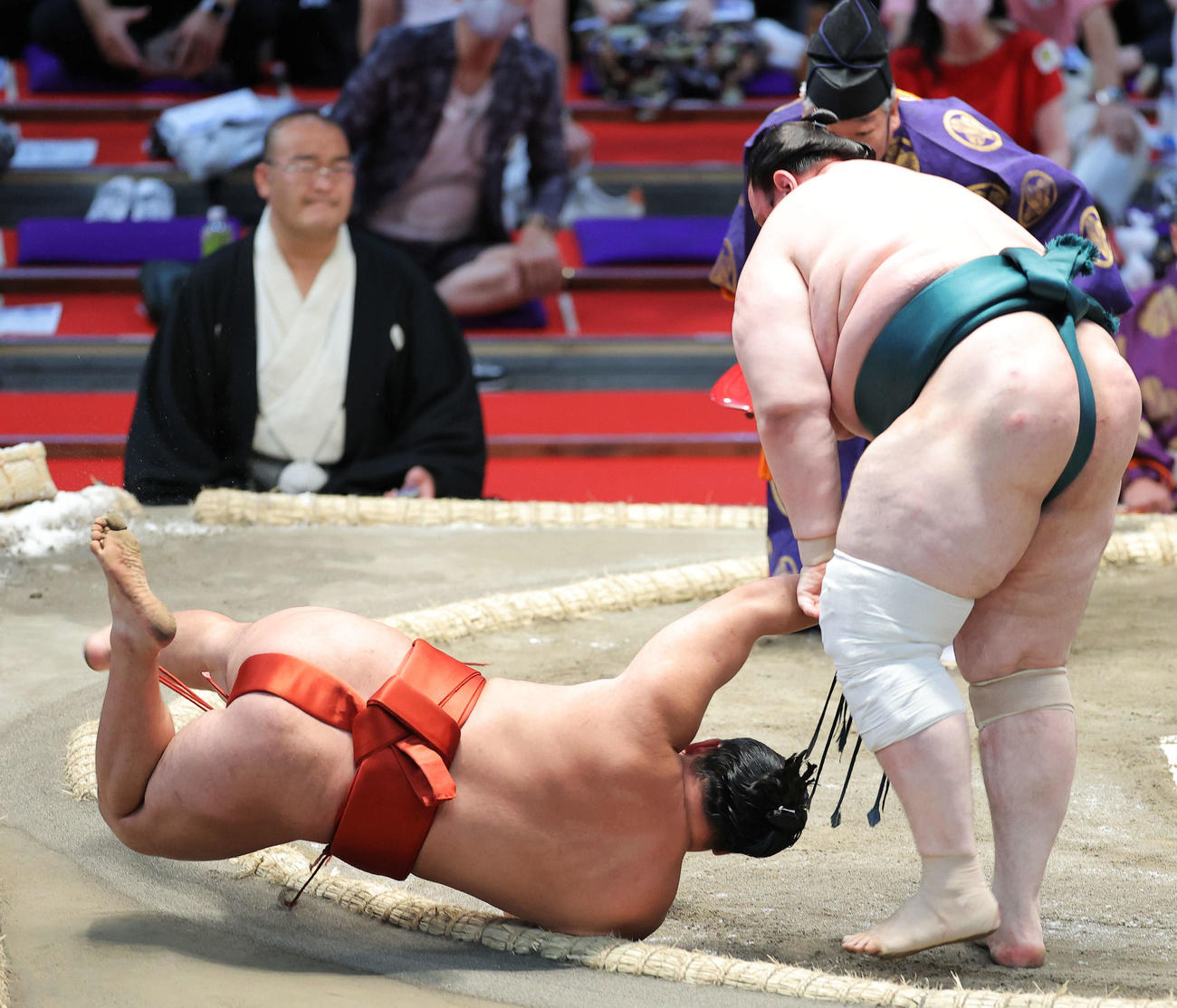 豊昇龍（左）をはたき込みで破る碧山（撮影・河田真司）