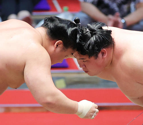 頭でぶつかり合う石浦（左）と宇良（撮影・河田真司）