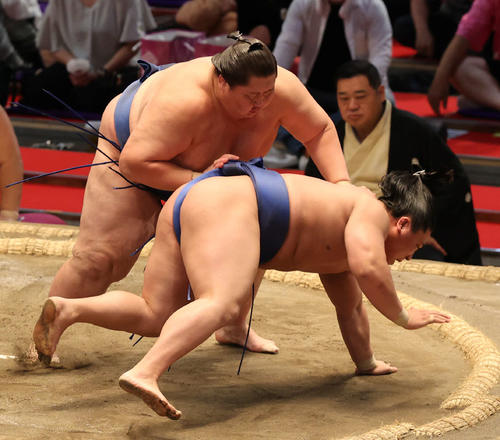 逸ノ城（左）が若隆景をはたきこむ（撮影・渦原淳）