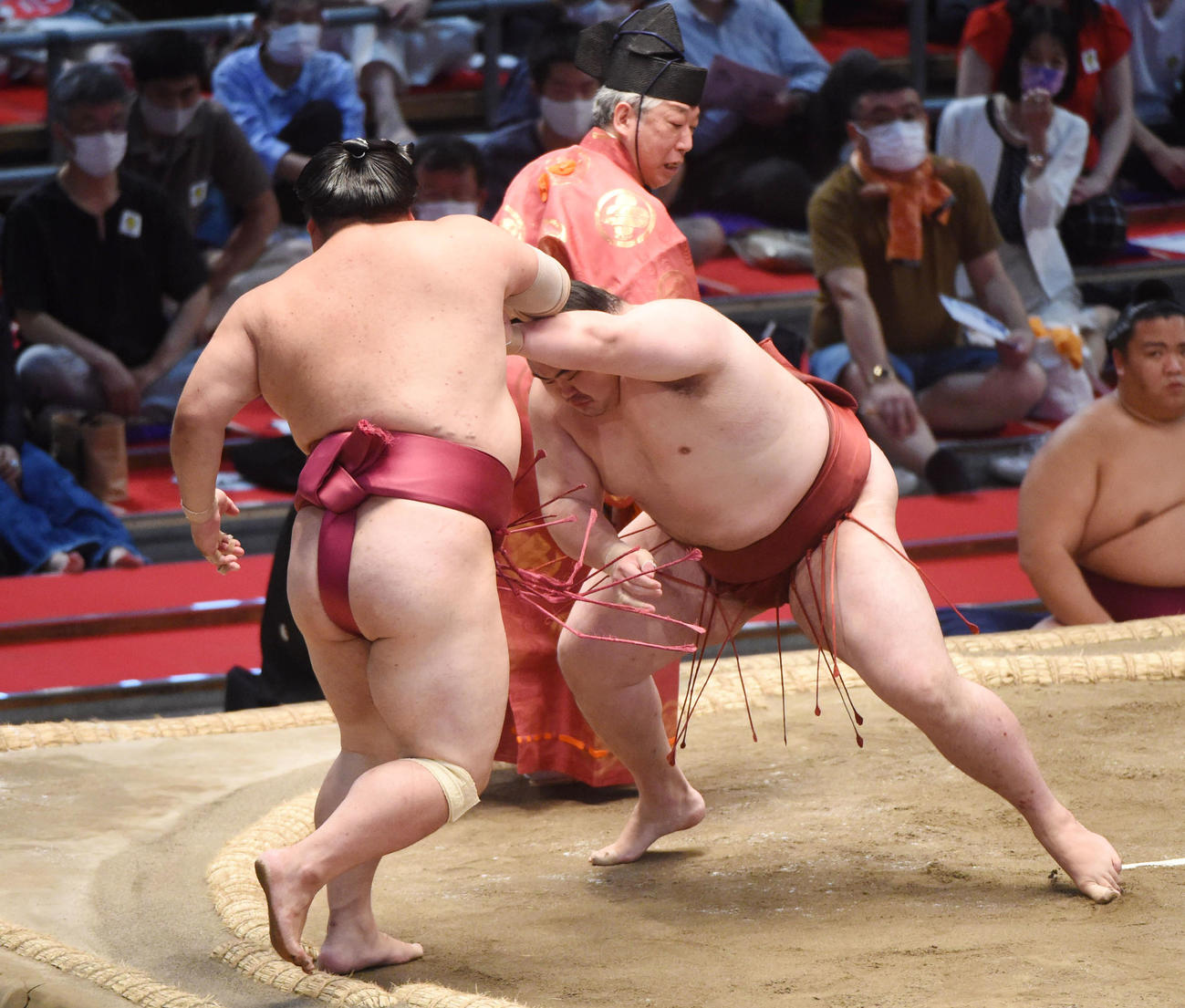 大相撲名古屋場所9日目　大栄翔（左）に押し出しで勝利の隆の勝（右）（撮影・森本幸一）